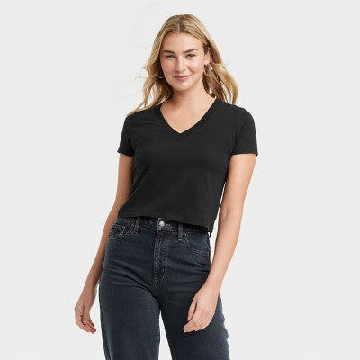 Women's Shrunken Short Sleeve V-Neck T-Shirt Thread Black M