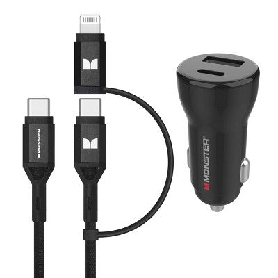 Monster 35W Dual Port 6' Long Cable Car Charger Bundle 1 USB-C and 1 USB-A Port