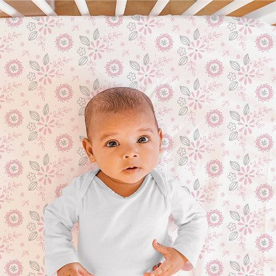 The Peanutshell Fitted Crib Sheets for Girls - Pink/White Woodland Floral - 4pk