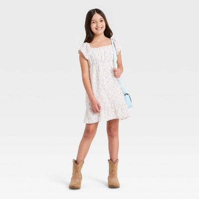 Girls' Ruffle Short Sleeve Chiffon Floral Dress Cat&Jack Cream L