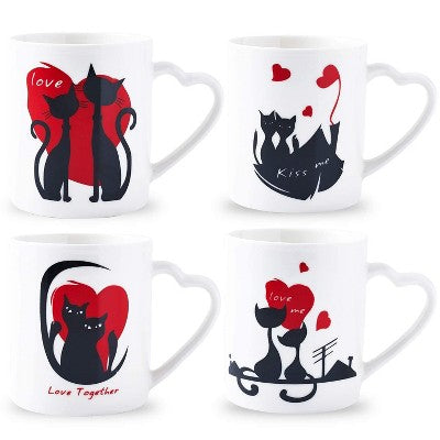 Bruntmor 18 Oz Porcelain Cat Design Coffee Mug Set of 4, White