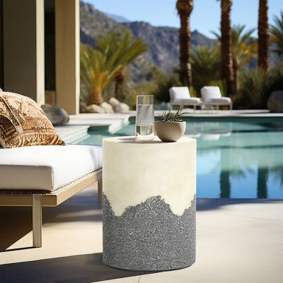 LuxenHome Outdoor Patio Table, 17" Gray and Cream Cement Round Side Table,Modern Garden Decorative Stool,Outdoor Accent End Table (LOCAL PICKUP ONLY)