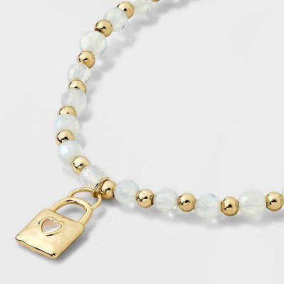 Heart Locket Beaded Bracelet and Stud Earring Set 2 pc - Moonstone