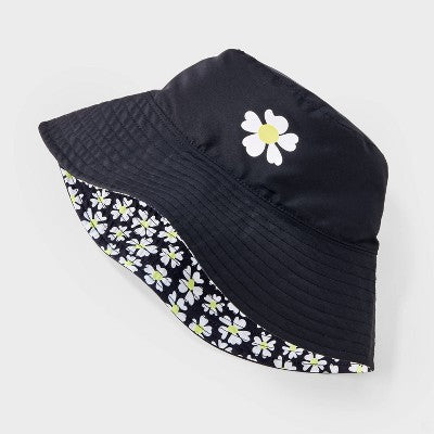 Girls' Reversible Daisy Printed Bucket Hat - art class Black: UPF 50+, Lightweight, Floral Pattern