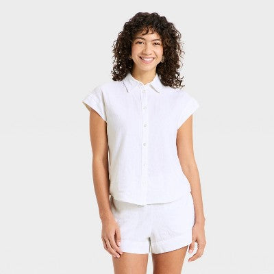 Women's Button-Up Linen Shirt - A New Day White L