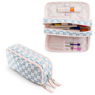 Yoobi Triple Zip Pencil Pouch Pale Blue Daisy Checker