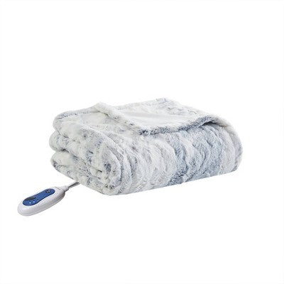 Beautyrest Marselle 50"x70" Oversized Faux Fur Electric Heated Throw Blanket Gray/Blue: Oversized, Machine Washable