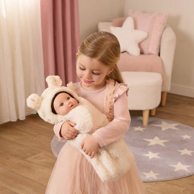 LullaBaby 14" Baby Doll with Wavy Brown Hair & Brown Eyes with Cuddler Wrap