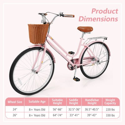 Costway 26-Inch Beach Cruiser Bike,with Adjustable Seat, Woven Basket & Rear Rack, Pink (LOCAL PICKUP ONLY)