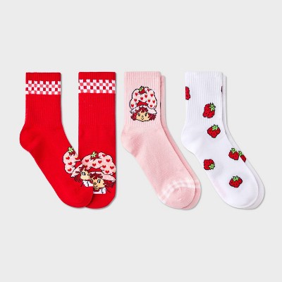 Women's Strawberry Shortcake 3pk Mid Crew Socks - Pink/Red/White 4-10: High Point Design, Knit, Rib Cuffs