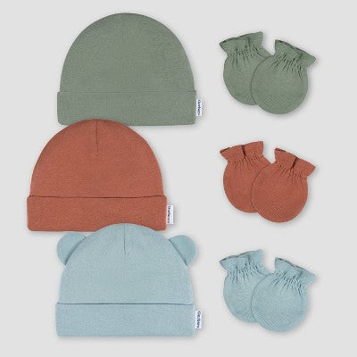 Gerber Baby 6pk Hat & Mitten Set - Blue: Cotton Knit, Elastic Cuffs, 12 Months, Solid Pattern