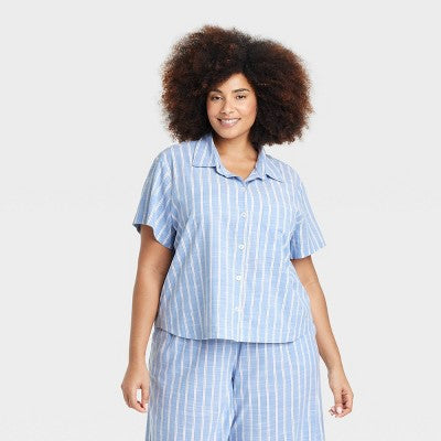 Women's Striped Cotton Blend Pajama Shirt - Auden Light Blue 1X