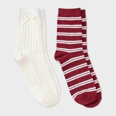 Women's Pointelle with Bow & Striped 2pk Mid Crew Socks - Wild Fable Ivory/Burgundy/Pink 4-10