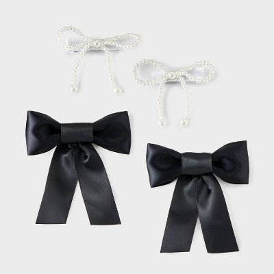 Girls' 4pk Satin and Pearls Ribbon Bow Clip Set - art class