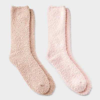 Women's Solid 2pk Cozy Crew Socks - Auden Pink/Tan 4-10: Recycled Polyester, Knit, Tagless