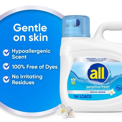 All Sensitive Fresh Spring Breeze HE Liquid Laundry Detergent: Hypoallergenic, Dye & Bleach-Free, Dermatologist Tested, 94 Loads - 118 fl oz