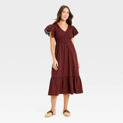 Women's Flutter Short Sleeve Smocked Midi A-Line Dress S