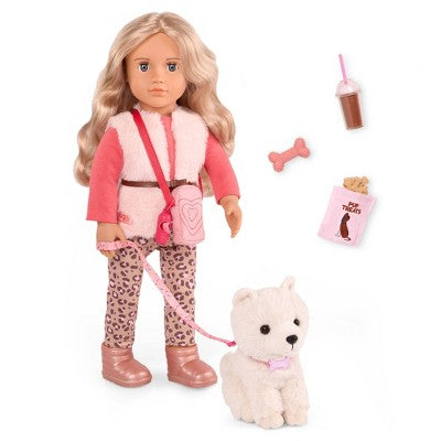 Our Generation Kinsley & Kenzi 18" Doll & Pet Puppy Set: Blonde Wavy Hair, Gray Eyes, Plastic & Polyester Material