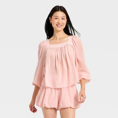 Women's Long Sleeve Square Neck Sheer Blouse - A New Day Pink M