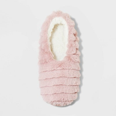 Women's Ribbed Faux Fur Cozy Pull-On Slipper Socks with Grippers - Pink S/M