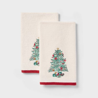 2pk Embroidered Tree Christmas Hand Towel Ivory - Threshold