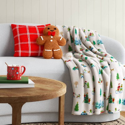 Christmas Scene Printed Plush Throw Blanket Ivory - Wondershop