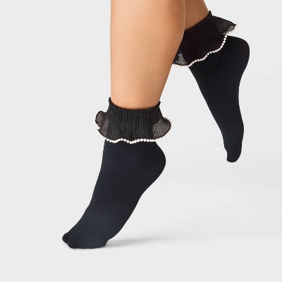 Women's Pearl Trim Ruffle Opaque Anklet Socks - A New Day Black/White One Size