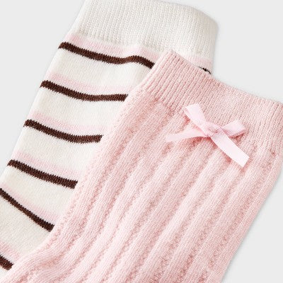 Women's Pointelle with Bow & Striped 2pk Mid Crew Socks - Wild Fable Pink/Ivory/Brown 4-10