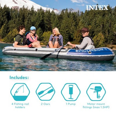 INTEX 68325EP Excursion 5 Inflatable Boat Set: Includes Deluxe 54in Boat Oars and High-Output Pump – Adjustable Seats with Backrest – Fishing Rod (LOCAL PICKUP ONLY)