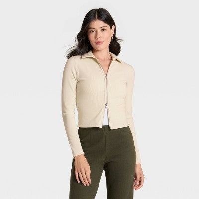 Women's Brushed Ribbed Polo Zip-Up Jacket - A New Day Cream M