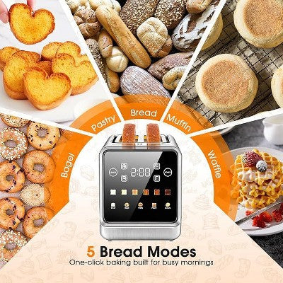 Teendow 900W Stainless Steel 2-Slice Digital Toaster with Touchscreen, Extra-Wide Slots, 5 Bread Settings & 6 Shade Options