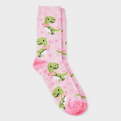 Women Cute Dinos Valentine's Day Crew Socks - Pink 4-10