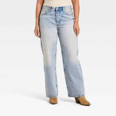 Women's Mid-Rise 90's Baggy Rhinestone Jeans Light Wash 4 (LOCAL PICKUP ONLY)