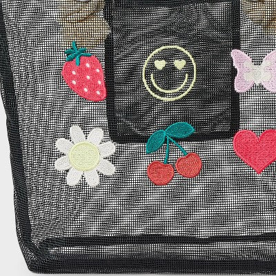 Girls' Mesh with Icons Swim Tote - art class Black: Softside Handbag, Double Handle, Fruit & Animal Patterns