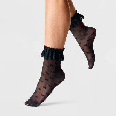 Women's Sheer Bow Anklet Socks with Lace Ruffle - A New Day Black 4-10: Lightweight Nylon Spandex, Banded Cuff
