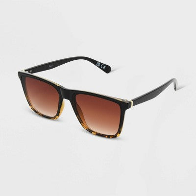 Women's Shiny Plastic Square Sunglasses with Gradient Lenses - Universal Thread Black/Tortoise Print