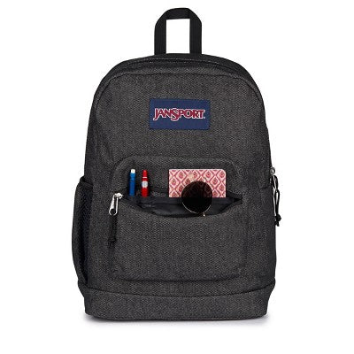 JanSport Cross Town Plus Remix 17" Backpack - Black: Abstract Denim Shell, Expandable Pocket
