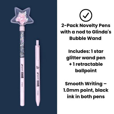 Wicked x Yoobi 2pk Novelty Ballpoint Pens Glinda Wand Star Glitter Wand Pen and Retractable Pen Black Ink