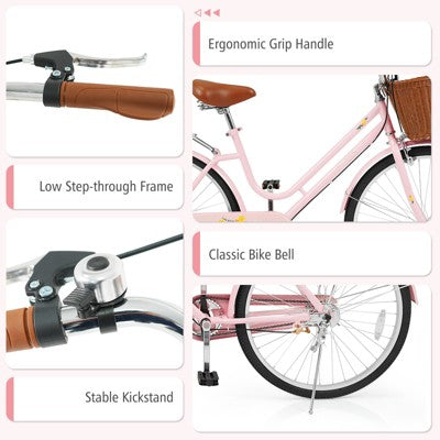 Costway 26-Inch Beach Cruiser Bike,with Adjustable Seat, Woven Basket & Rear Rack, Pink (LOCAL PICKUP ONLY)