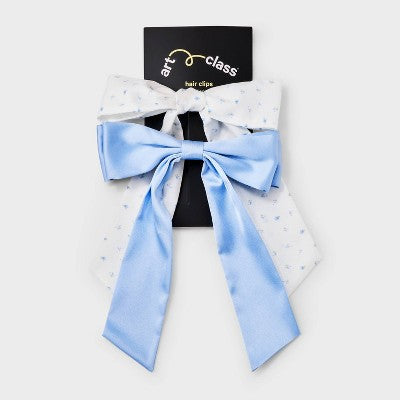 Girls' 2pk Flower Satin Bow Hair Clips - art class Blue/White