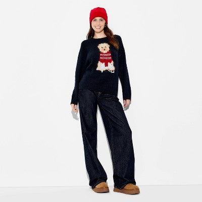 Women's Crewneck Pullover Sweater - Wild Fable Navy Blue Dogs M