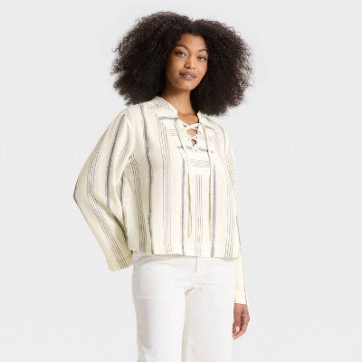 Women's Bell Long Sleeve Tie-Front Popover Blouse - Universal Thread Gray Striped M