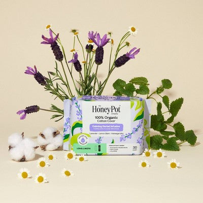 Honey Pot 100% Organic Cotton Cover Calming Herbal Infusion Long Liners - 30 ct