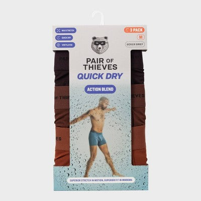 Pair of Thieves Men's 3pk Quick Dry Poly Boxer Briefs - Brown S: Tagless, Full Waistband Elastic, Flat Seams, Machine Washable