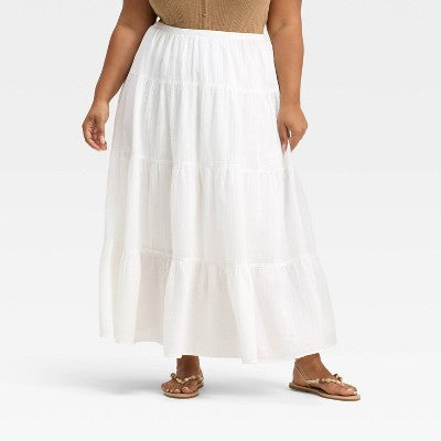 Women's Crinkle Gauze Pull-On Maxi Skirt - White 4X