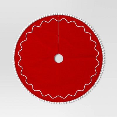 48" Christmas Red Felt Tree Skirt with White Wavy Border and Pom Trim - Wondershop (LOCAL PICKUP ONLY)