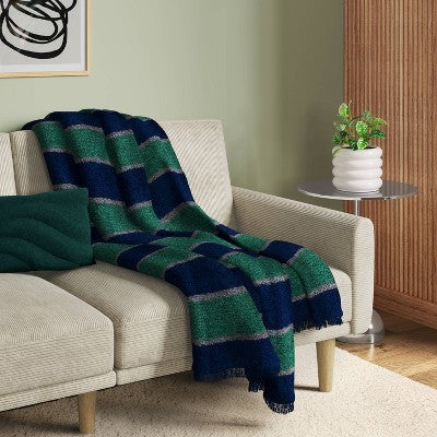 Cozy Woven Stripe Throw Blanket Navy/Green/Ivory - Room Essentials
