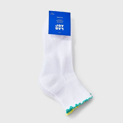 Women's Lettuce Edge Cushioned 2pk Ankle Socks - JoyLab White/Turquoise/Yellow 4-10