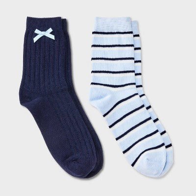 Women's Pointelle with Bow & Striped 2pk Mid Crew Socks - Wild Fable Navy/Blue/Ivory 4-10