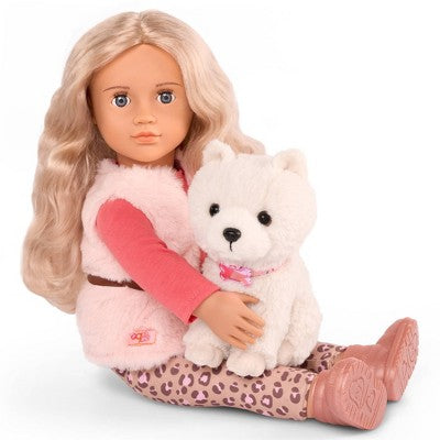 Our Generation Kinsley & Kenzi 18" Doll & Pet Puppy Set: Blonde Wavy Hair, Gray Eyes, Plastic & Polyester Material